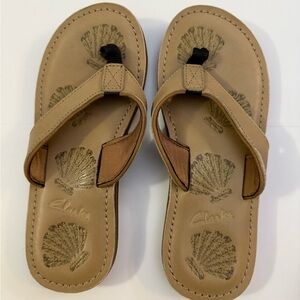 Brand new Clarks Tan Sandals with Shell Design